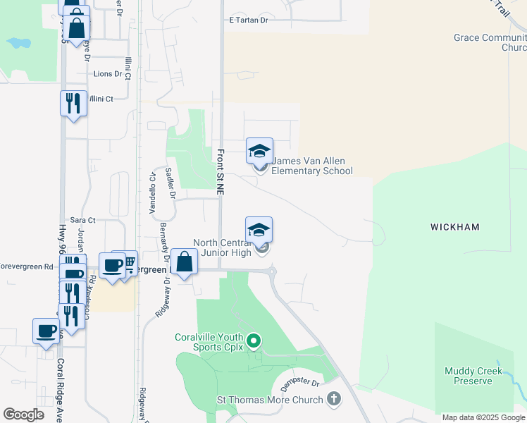 map of restaurants, bars, coffee shops, grocery stores, and more near 170 Abigail Avenue in North Liberty