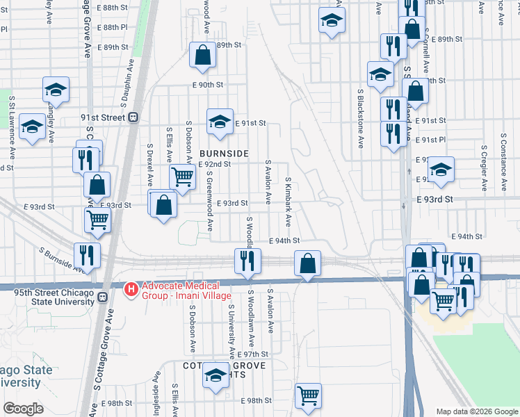 map of restaurants, bars, coffee shops, grocery stores, and more near 1223 East 93rd Street in Chicago