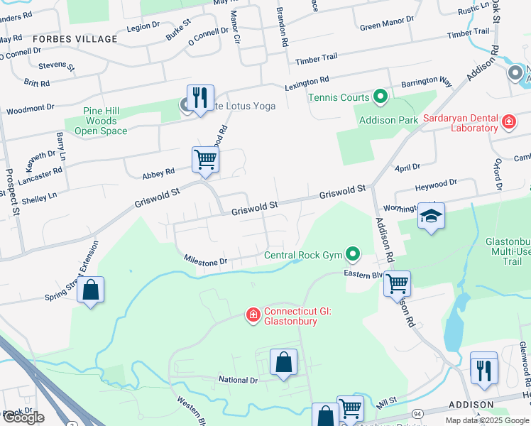 map of restaurants, bars, coffee shops, grocery stores, and more near 3 Firethorn Drive in Glastonbury