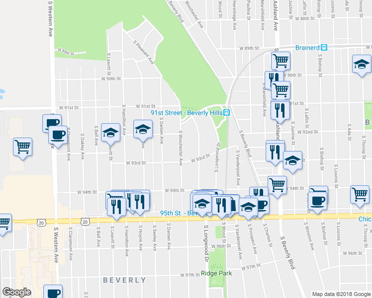map of restaurants, bars, coffee shops, grocery stores, and more near 9231 South Winchester Avenue in Chicago