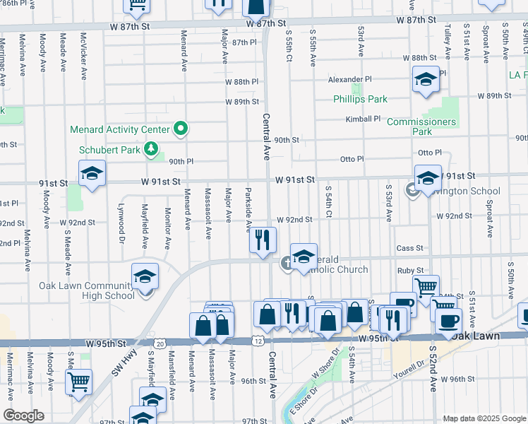 map of restaurants, bars, coffee shops, grocery stores, and more near 9146 Central Avenue in Oak Lawn