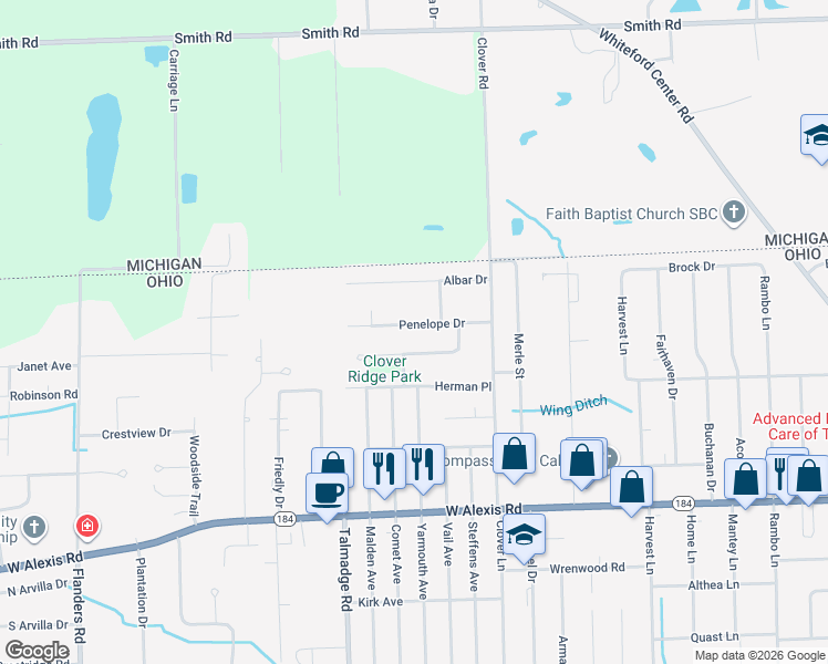 map of restaurants, bars, coffee shops, grocery stores, and more near 4125 Penelope Drive in Toledo