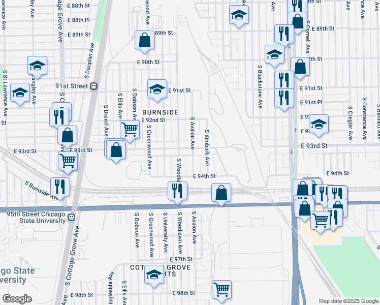map of restaurants, bars, coffee shops, grocery stores, and more near 1223 East 93rd Street in Chicago