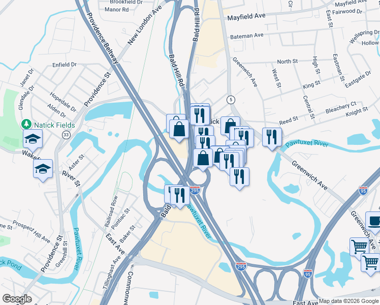 map of restaurants, bars, coffee shops, grocery stores, and more near 400 Bald Hill Road in Warwick
