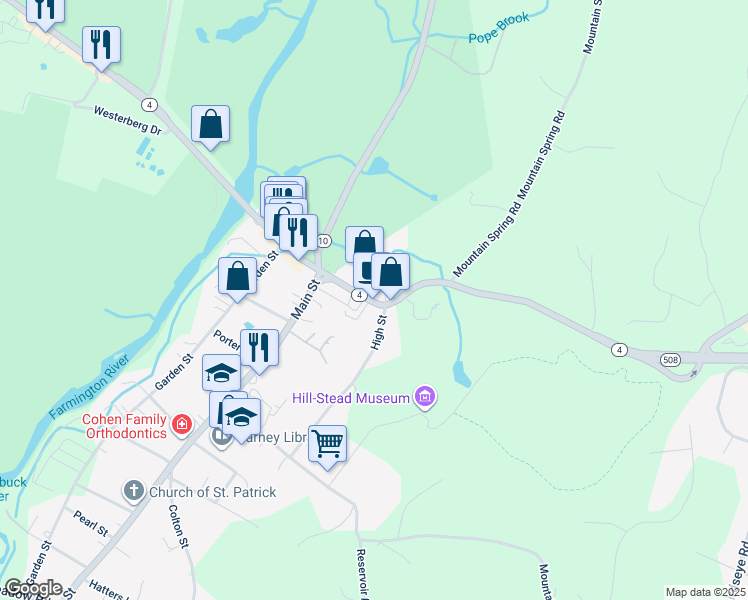 map of restaurants, bars, coffee shops, grocery stores, and more near 768 Farmington Avenue in Farmington