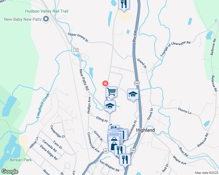 map of restaurants, bars, coffee shops, grocery stores, and more near 28 North Road in Highland