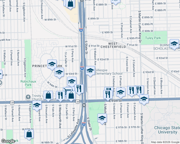 map of restaurants, bars, coffee shops, grocery stores, and more near 9255 South State Street in Chicago