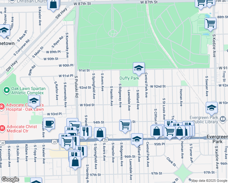 map of restaurants, bars, coffee shops, grocery stores, and more near 9214 South Hamlin Avenue in Evergreen Park