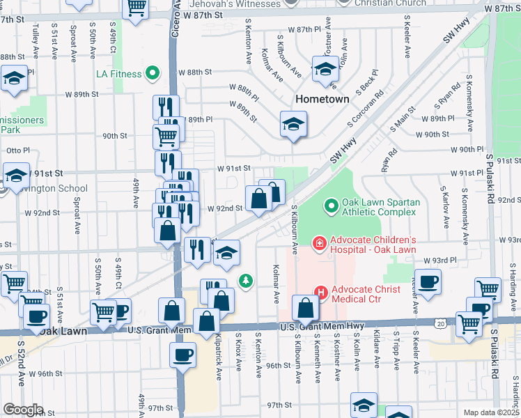 map of restaurants, bars, coffee shops, grocery stores, and more near 4600 Southwest Highway in Oak Lawn