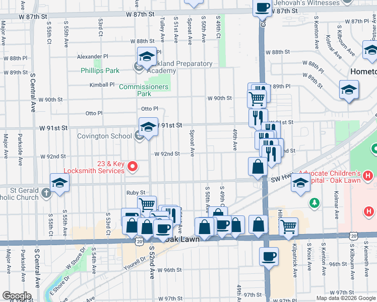 map of restaurants, bars, coffee shops, grocery stores, and more near 9157 Sproat Avenue in Oak Lawn
