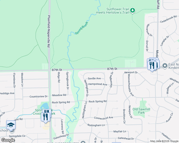 map of restaurants, bars, coffee shops, grocery stores, and more near 597 Beaconsfield Avenue in Naperville