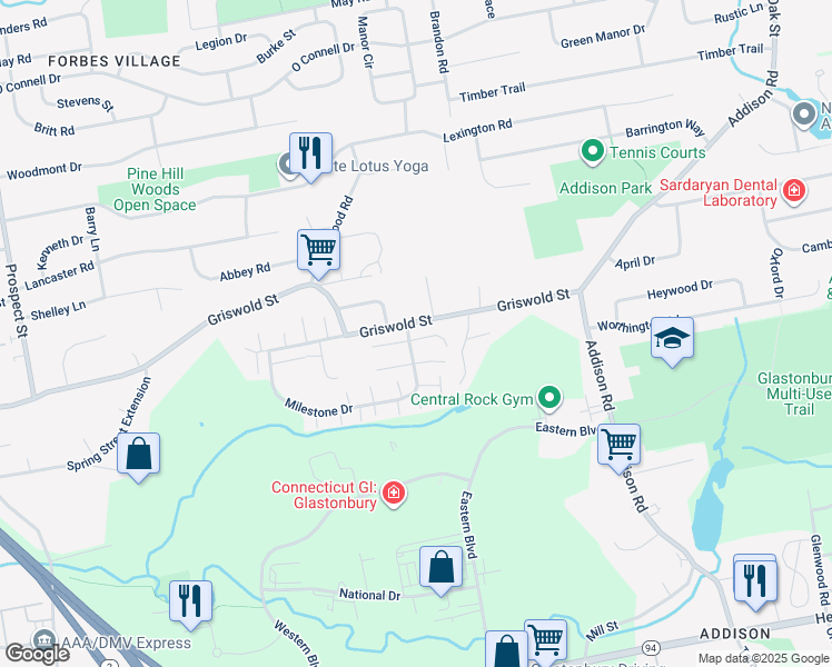 map of restaurants, bars, coffee shops, grocery stores, and more near 15 Firethorn Drive in Glastonbury