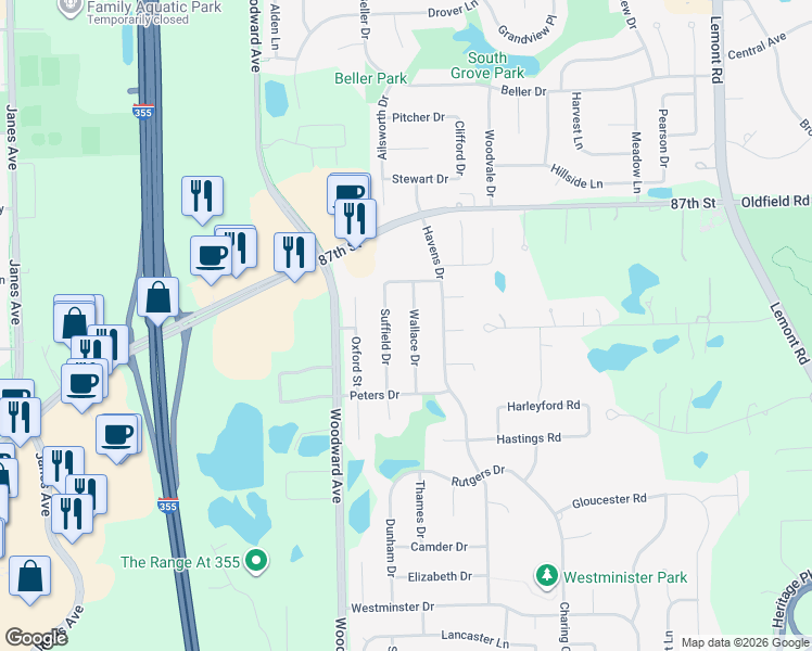 map of restaurants, bars, coffee shops, grocery stores, and more near 10S180 Wallace Dr in Downers Grove