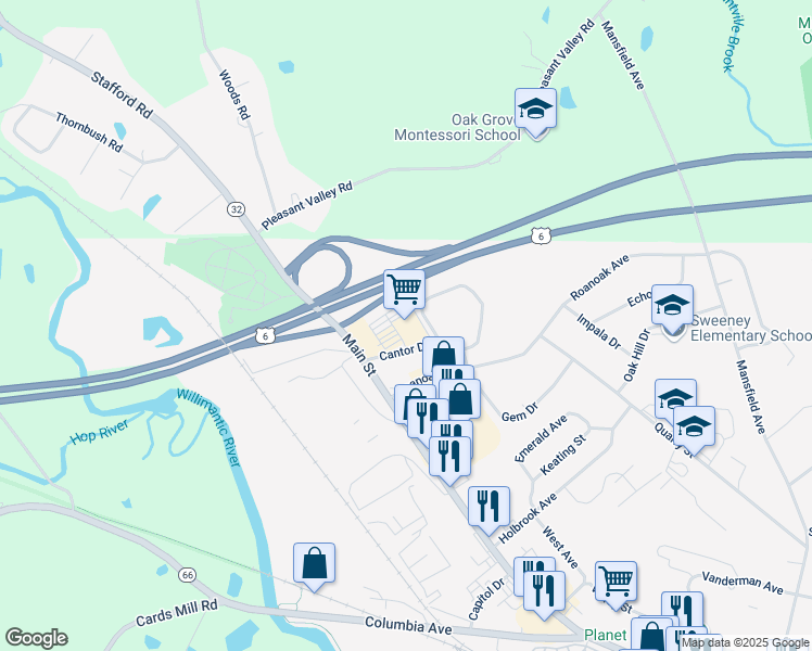 map of restaurants, bars, coffee shops, grocery stores, and more near 60 Cantor Drive in Windham