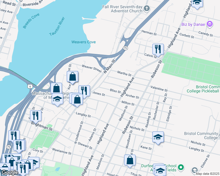 map of restaurants, bars, coffee shops, grocery stores, and more near 94 Bliss St in Fall River