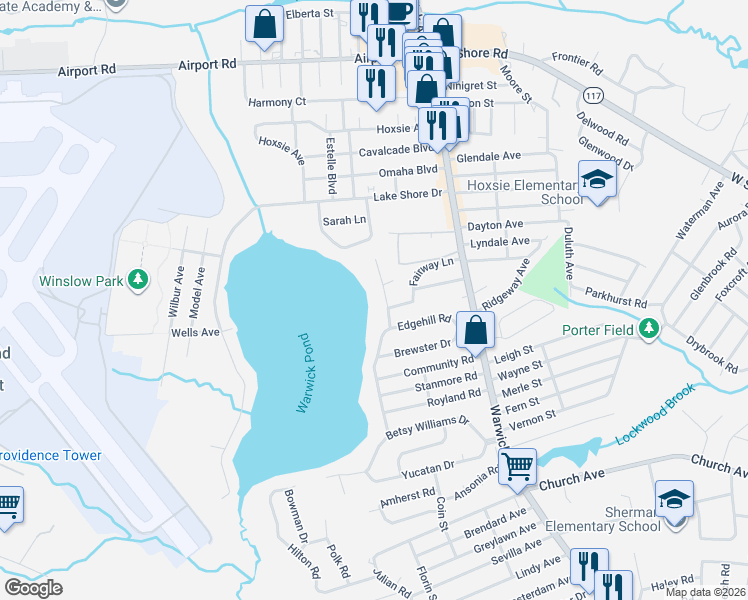 map of restaurants, bars, coffee shops, grocery stores, and more near 37 Lakecrest Drive in Warwick