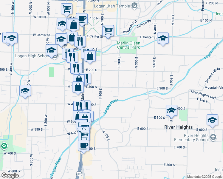 map of restaurants, bars, coffee shops, grocery stores, and more near 158 East 300 South in Logan
