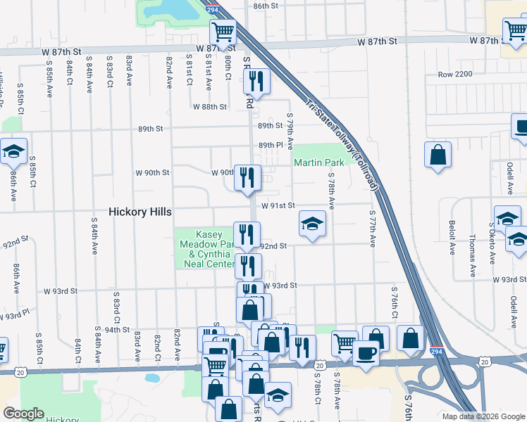 map of restaurants, bars, coffee shops, grocery stores, and more near 9105 South Roberts Road in Oak Lawn
