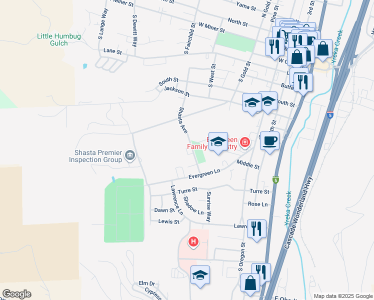 map of restaurants, bars, coffee shops, grocery stores, and more near 901 Shasta Avenue in Yreka
