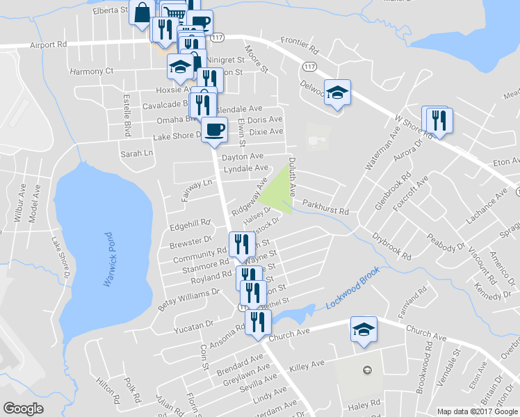 map of restaurants, bars, coffee shops, grocery stores, and more near 39 Halsey Drive in Warwick