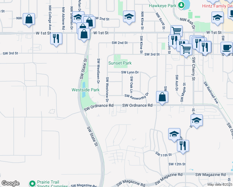 map of restaurants, bars, coffee shops, grocery stores, and more near 1314 Southwest Kenworthy Drive in Ankeny
