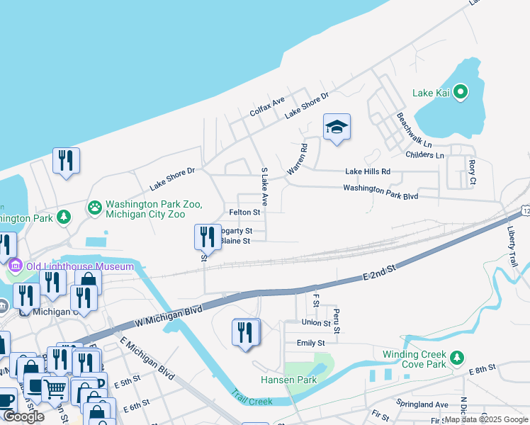 map of restaurants, bars, coffee shops, grocery stores, and more near 301 Felton Street in Michigan City