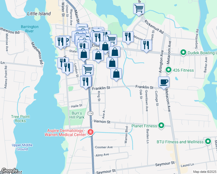 map of restaurants, bars, coffee shops, grocery stores, and more near 60 Franklin Street in Warren