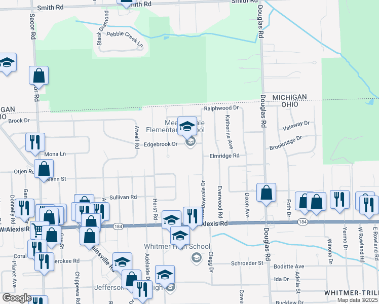 map of restaurants, bars, coffee shops, grocery stores, and more near 2755 Edgebrook Drive in Toledo