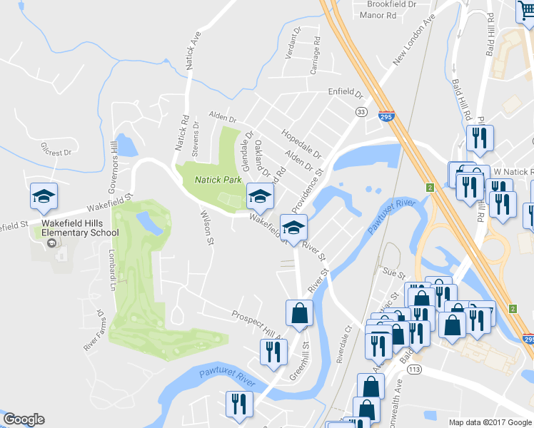 map of restaurants, bars, coffee shops, grocery stores, and more near 39 Intervale Road in West Warwick