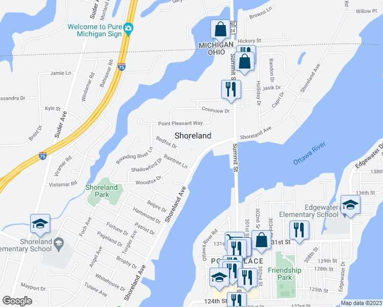 map of restaurants, bars, coffee shops, grocery stores, and more near 2677 Shoreland Avenue in Toledo