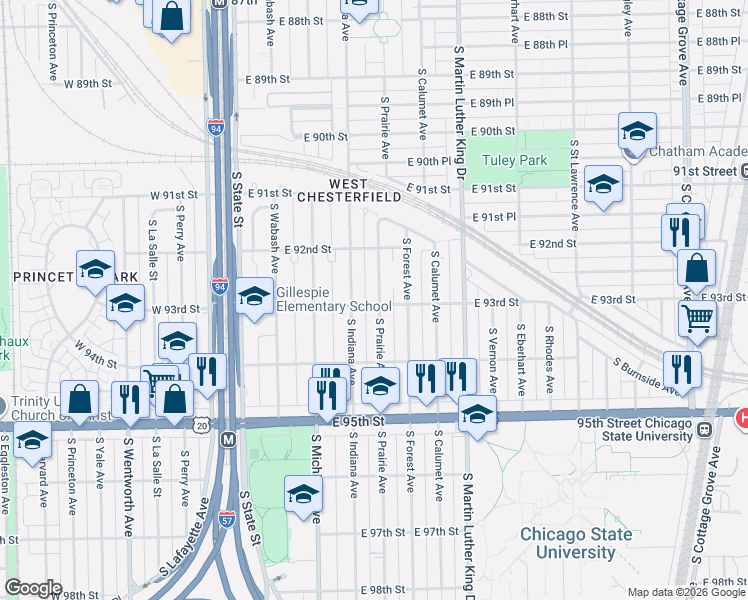 map of restaurants, bars, coffee shops, grocery stores, and more near 9256 South Prairie Avenue in Chicago