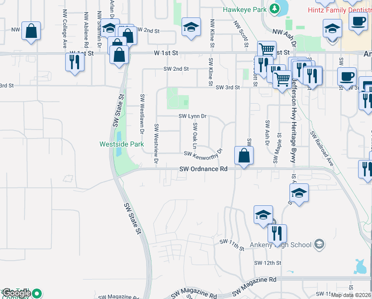 map of restaurants, bars, coffee shops, grocery stores, and more near 1222 Southwest Kenworthy Drive in Ankeny