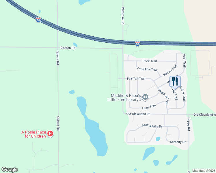 map of restaurants, bars, coffee shops, grocery stores, and more near 52725 Blue Winged Trail in South Bend