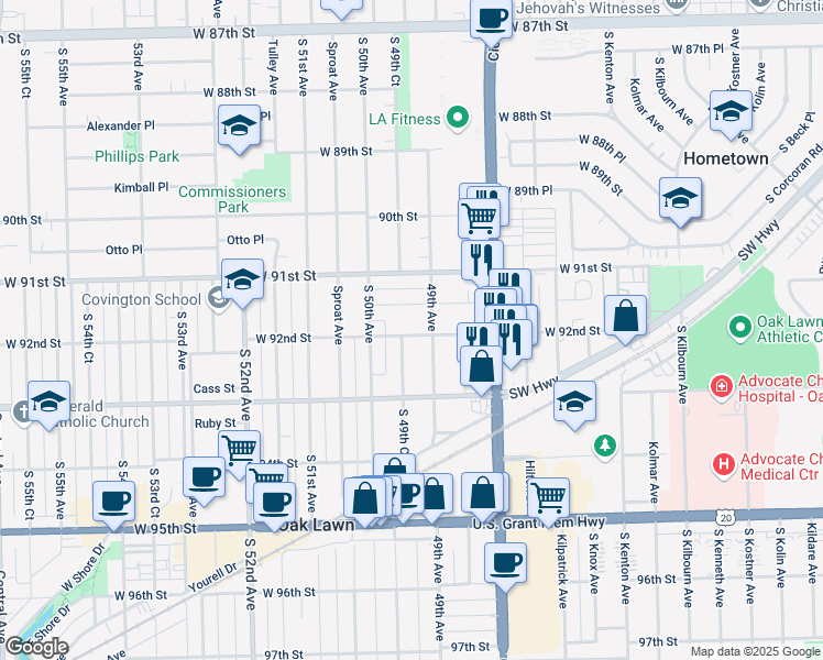 map of restaurants, bars, coffee shops, grocery stores, and more near 4918 92nd Street in Oak Lawn