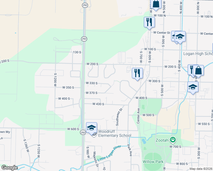 map of restaurants, bars, coffee shops, grocery stores, and more near 862 West 330 South in Logan