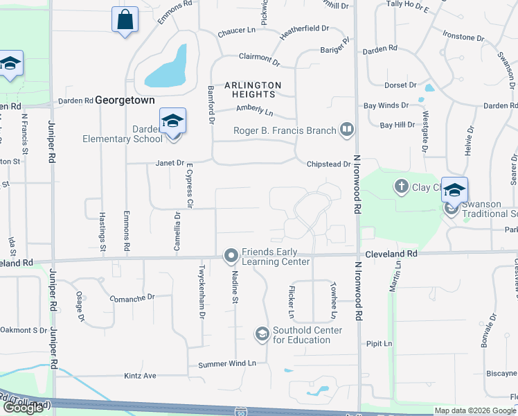 map of restaurants, bars, coffee shops, grocery stores, and more near 18250 Cypress Drive in South Bend