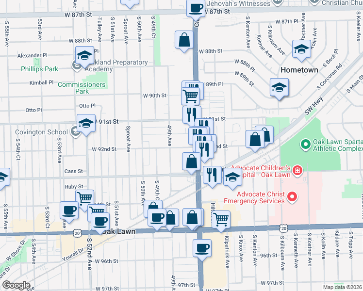 map of restaurants, bars, coffee shops, grocery stores, and more near 4828 92nd Street in Oak Lawn