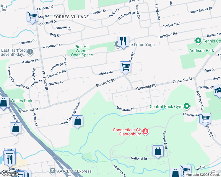 map of restaurants, bars, coffee shops, grocery stores, and more near 2 Boxwood Lane in Glastonbury