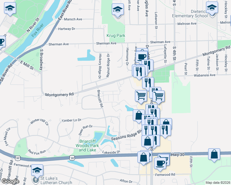 map of restaurants, bars, coffee shops, grocery stores, and more near 1476 Manning Avenue in Montgomery