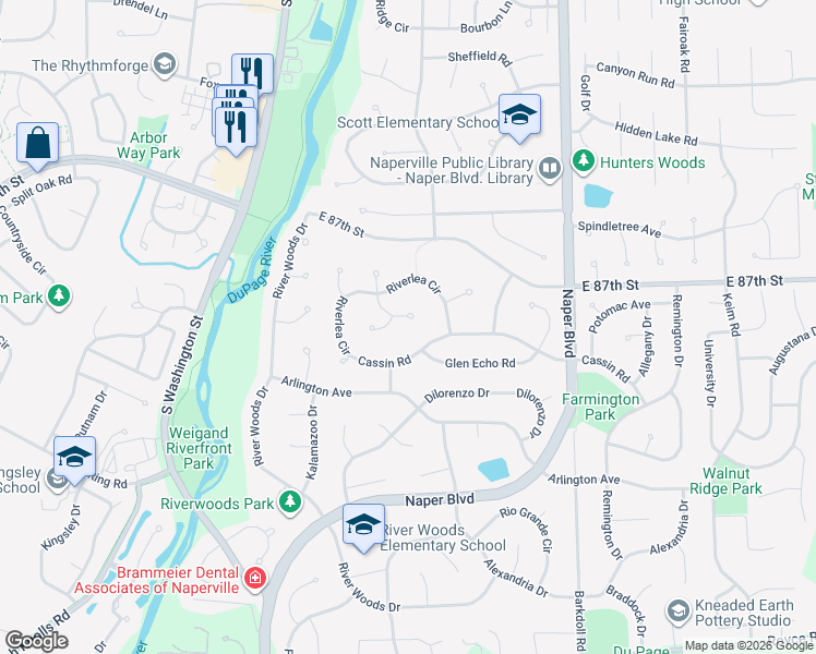 map of restaurants, bars, coffee shops, grocery stores, and more near 214 Rivanna Court in Naperville