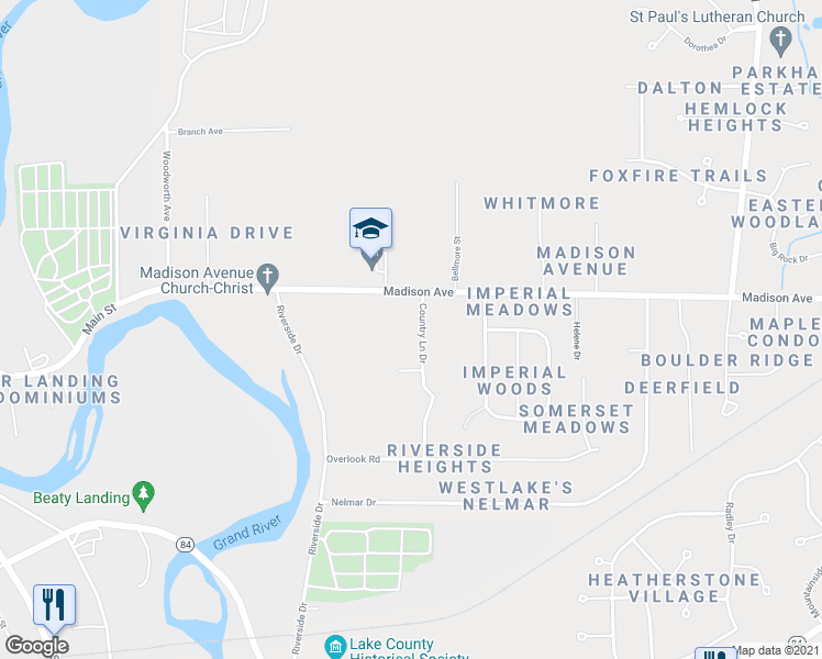 map of restaurants, bars, coffee shops, grocery stores, and more near 40 Country Lane Drive in Painesville