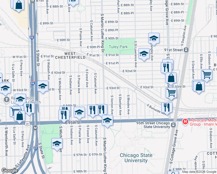 map of restaurants, bars, coffee shops, grocery stores, and more near 414 East 93rd Street in Chicago