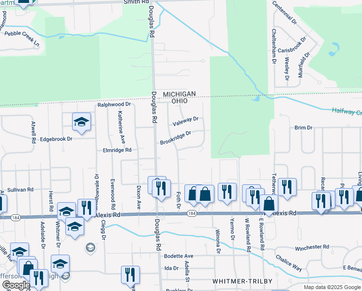map of restaurants, bars, coffee shops, grocery stores, and more near 2337 Dellwood Drive in Toledo