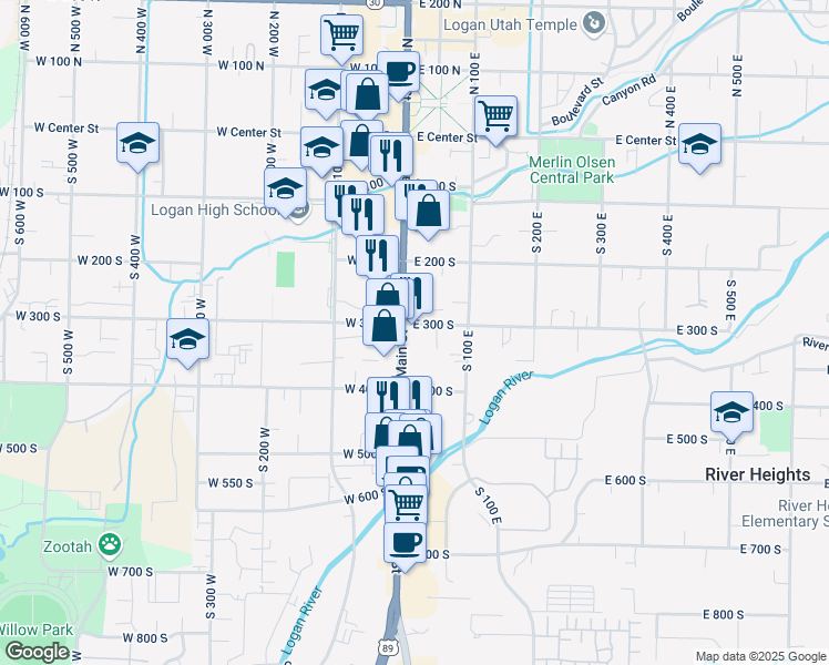 map of restaurants, bars, coffee shops, grocery stores, and more near 304 Main Street in Logan