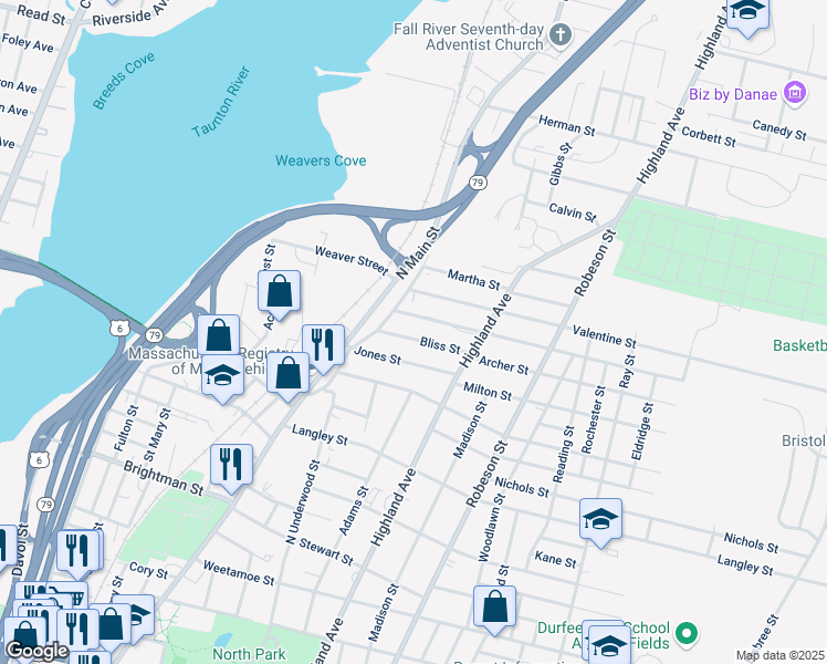 map of restaurants, bars, coffee shops, grocery stores, and more near 94 Bliss Street in Fall River