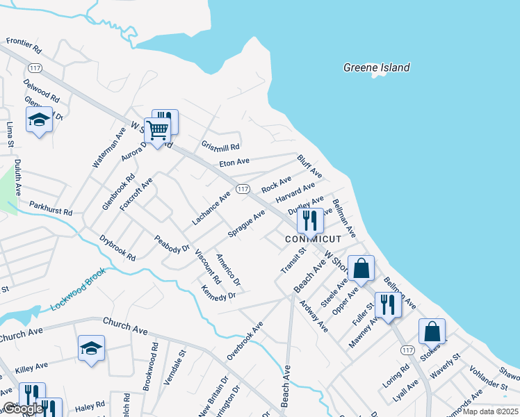 map of restaurants, bars, coffee shops, grocery stores, and more near 25 Sprague Avenue in Warwick