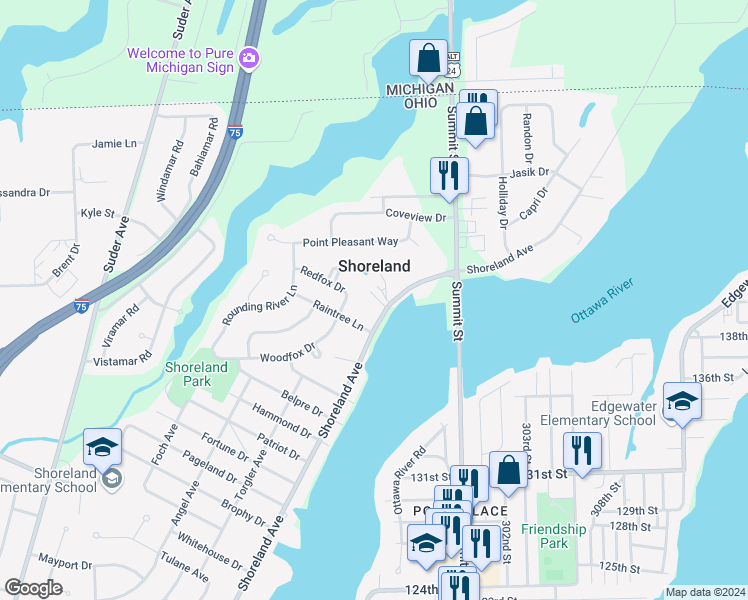 map of restaurants, bars, coffee shops, grocery stores, and more near 2677 Shoreland Avenue in Toledo