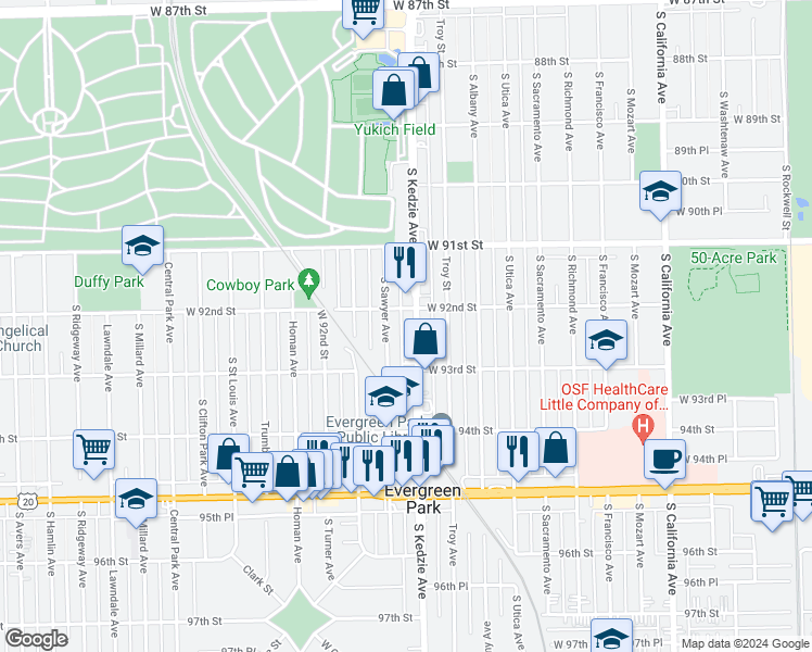map of restaurants, bars, coffee shops, grocery stores, and more near 9222 South Kedzie Avenue in Evergreen Park