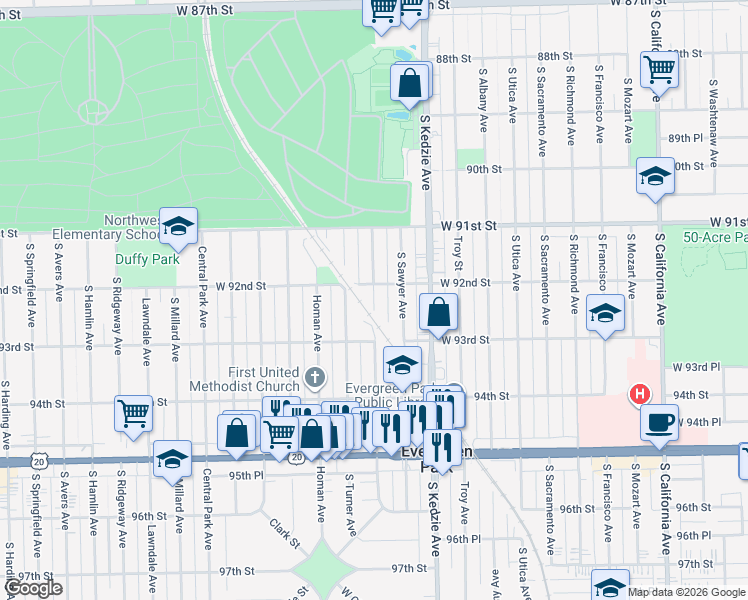 map of restaurants, bars, coffee shops, grocery stores, and more near 9215 South Turner Avenue in Evergreen Park