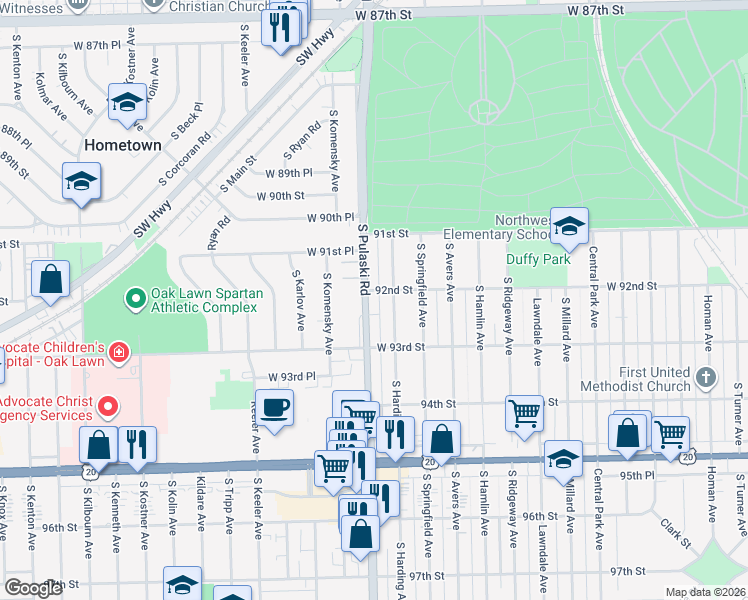 map of restaurants, bars, coffee shops, grocery stores, and more near 9215 South Pulaski Road in Evergreen Park
